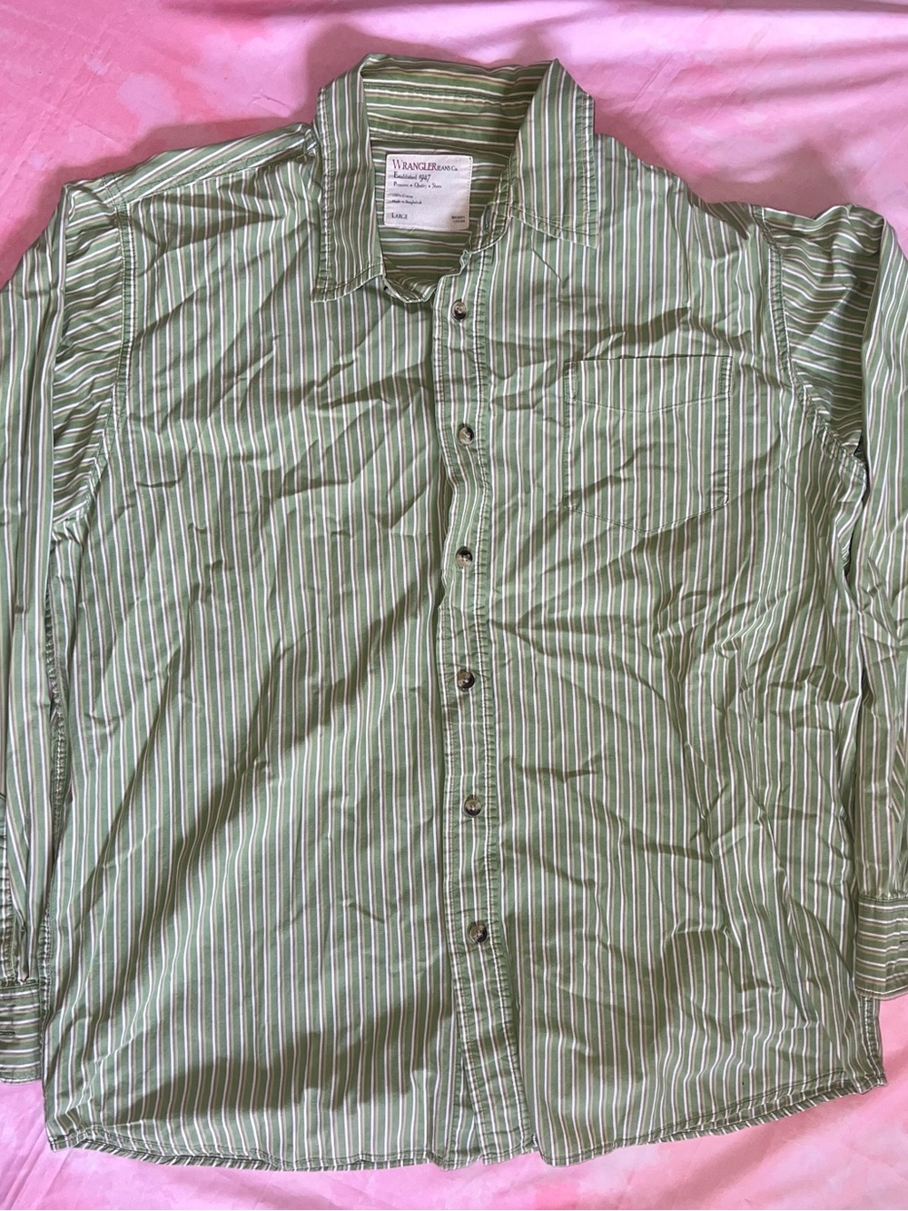 Wrangler 100% Cotton Green Striped Long Sleeve Shirt Men's L